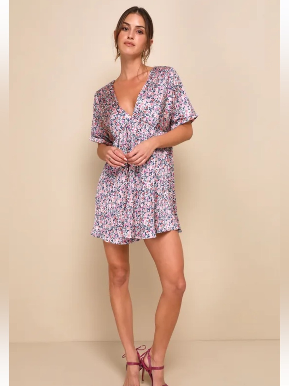 Lulu’s Express Yourself Blush Pink Floral Print Satin Babydoll Dress XL
